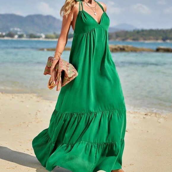 Green Boho Womens Tie Backless Ruffle Hem Cami Dress - Picture 1 of 5